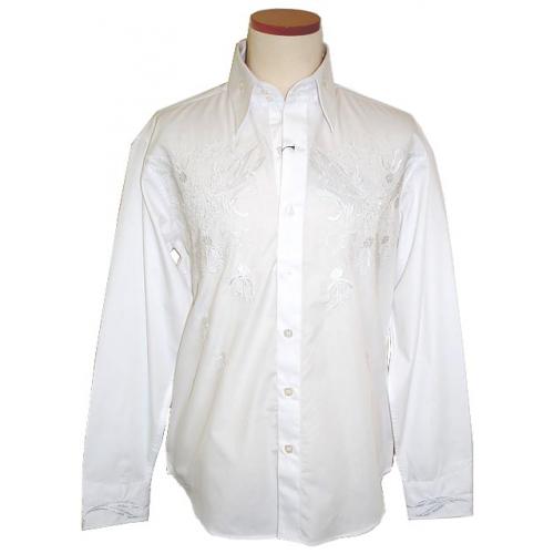 Manzini White Self Embroidered Long Sleeves 100% Cotton High-Collar Shirt MZ-65